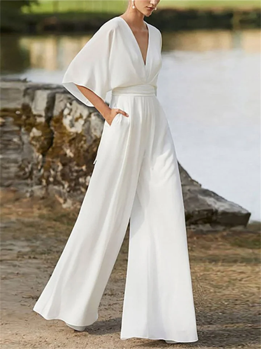 Women's Wide Leg V-neck Jumpsuit