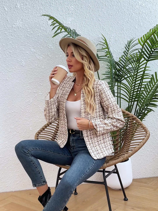 Women's Business Blazer with Notched Collar and Checkered Print