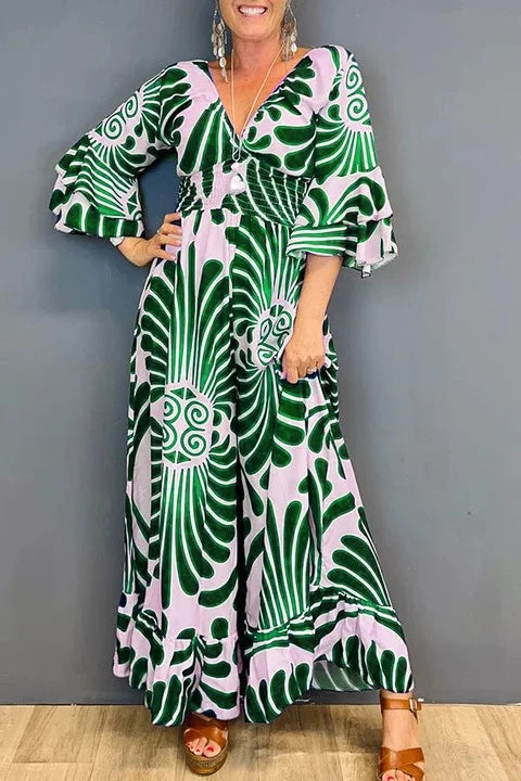 Women's Vintage Ruffled V-neck Jumpsuit with Floral Print | Ideal for Summer