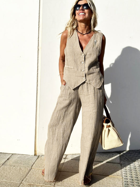 Women's Chic Summer Linen Vest and Pants Two piece Set in Brown | Ideal for Summer